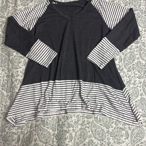 Striped Hem Charcoal V-Neck Tunic Top